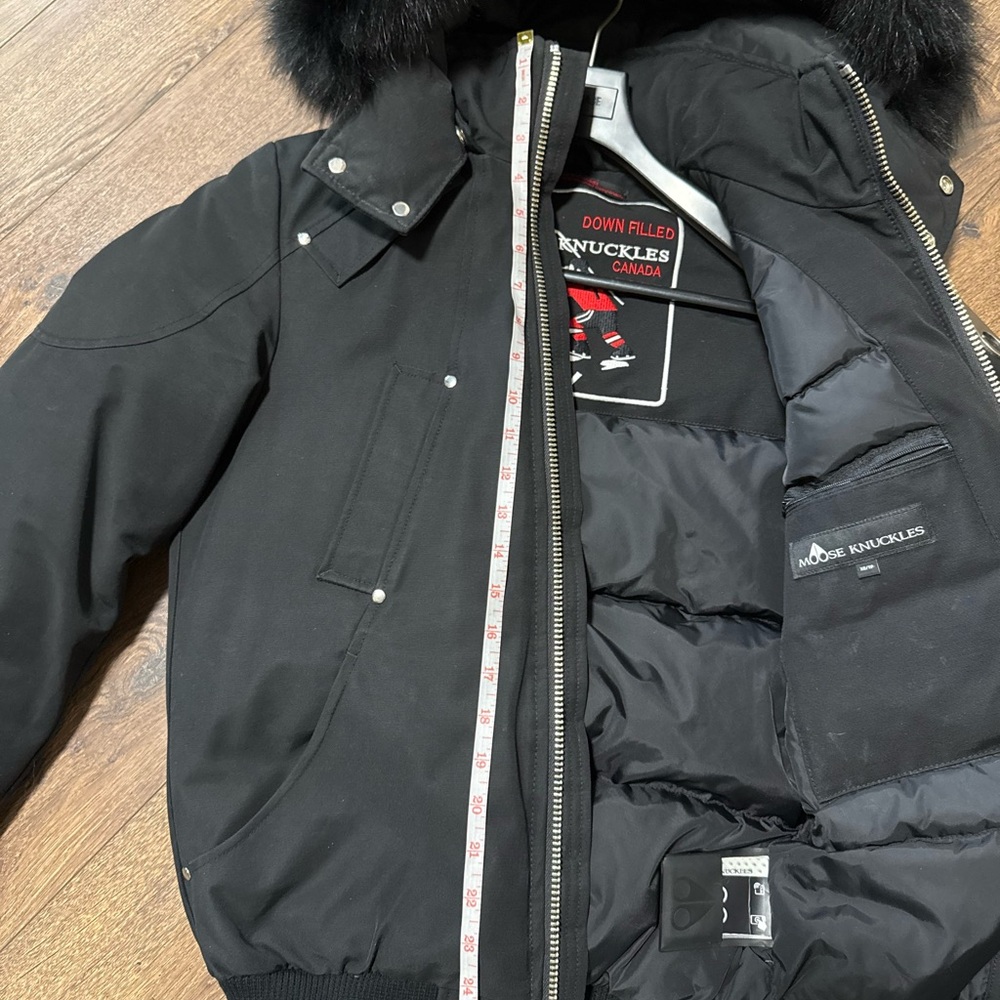 Moose Knuckles Black Puffer Jacket with Fur Hood